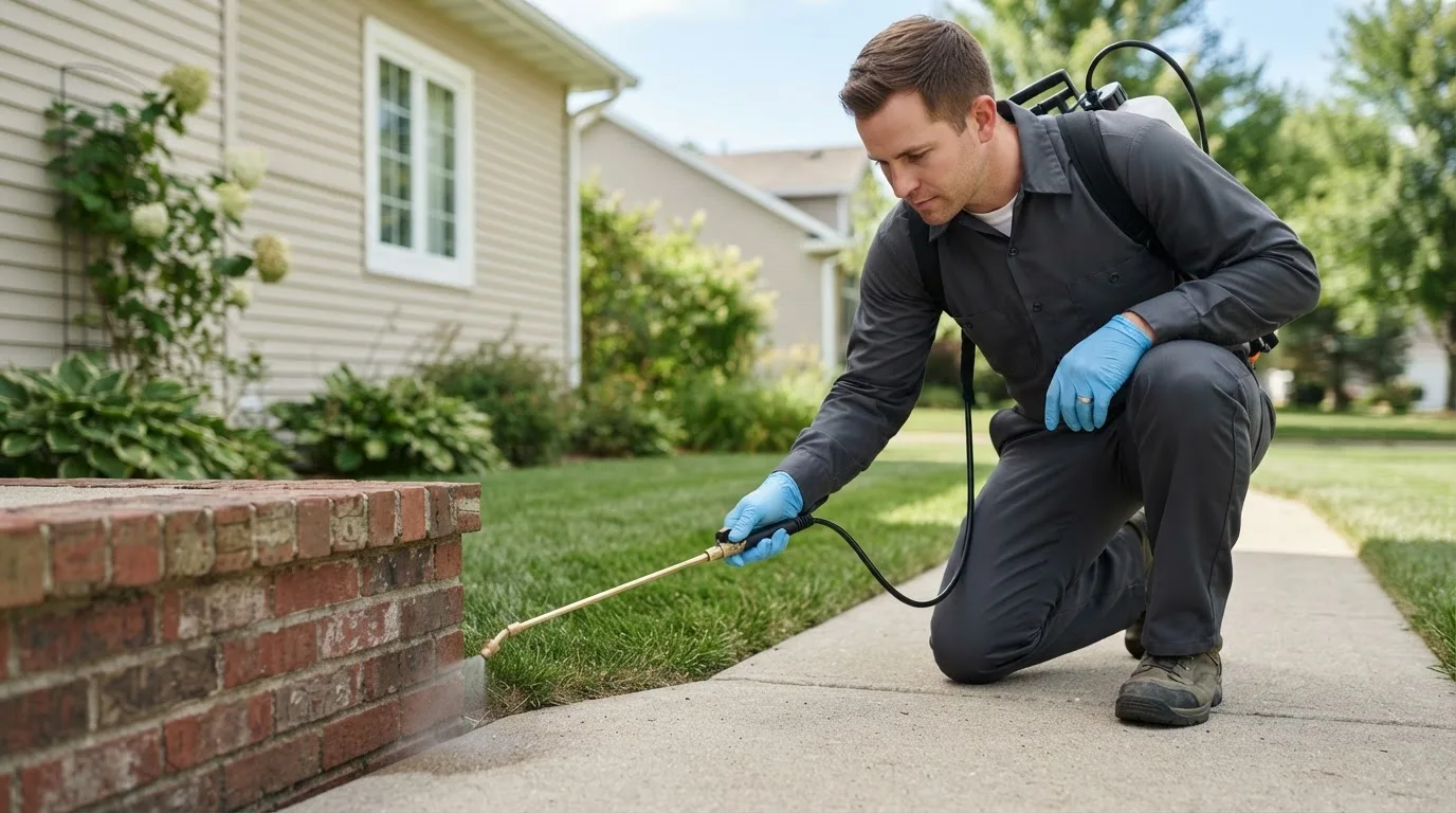 Pest control technician treating a home near Lacarne, OH