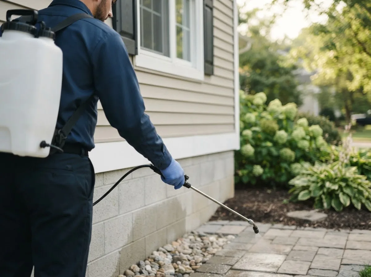 Pest control technician inspecting a home in Lacarne, OH
